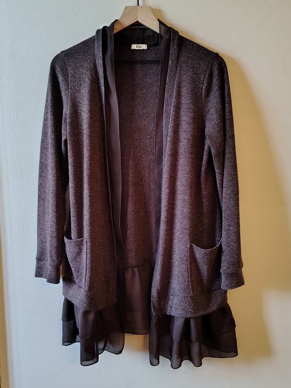 Open-Front Brown Cardigan with Chiffon Hem